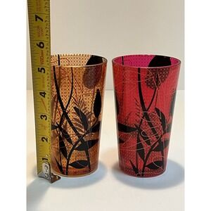 Set Of Two Partylite Red Amber Glass Candle Holders 5" Tall